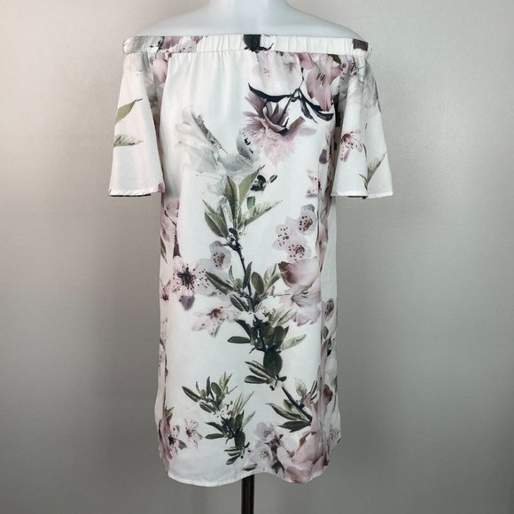 Lulus Shift Dress Small Ivory Floral Off-the-Shoulder Short Sleeve Women's - Picture 4 of 14